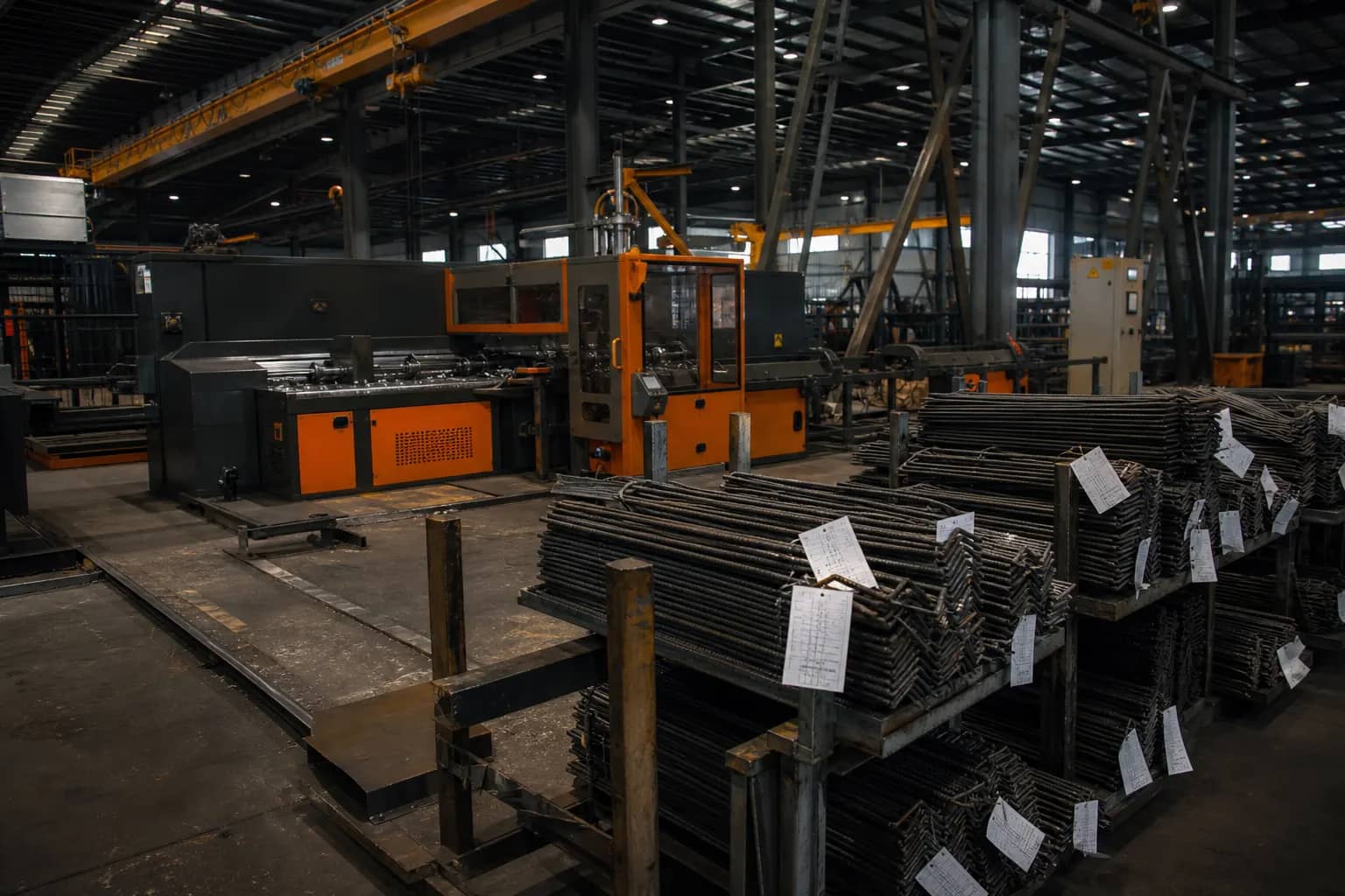 Rebar fabrication shop with an automatic bending machine and racks of tagged, bundled bent bars