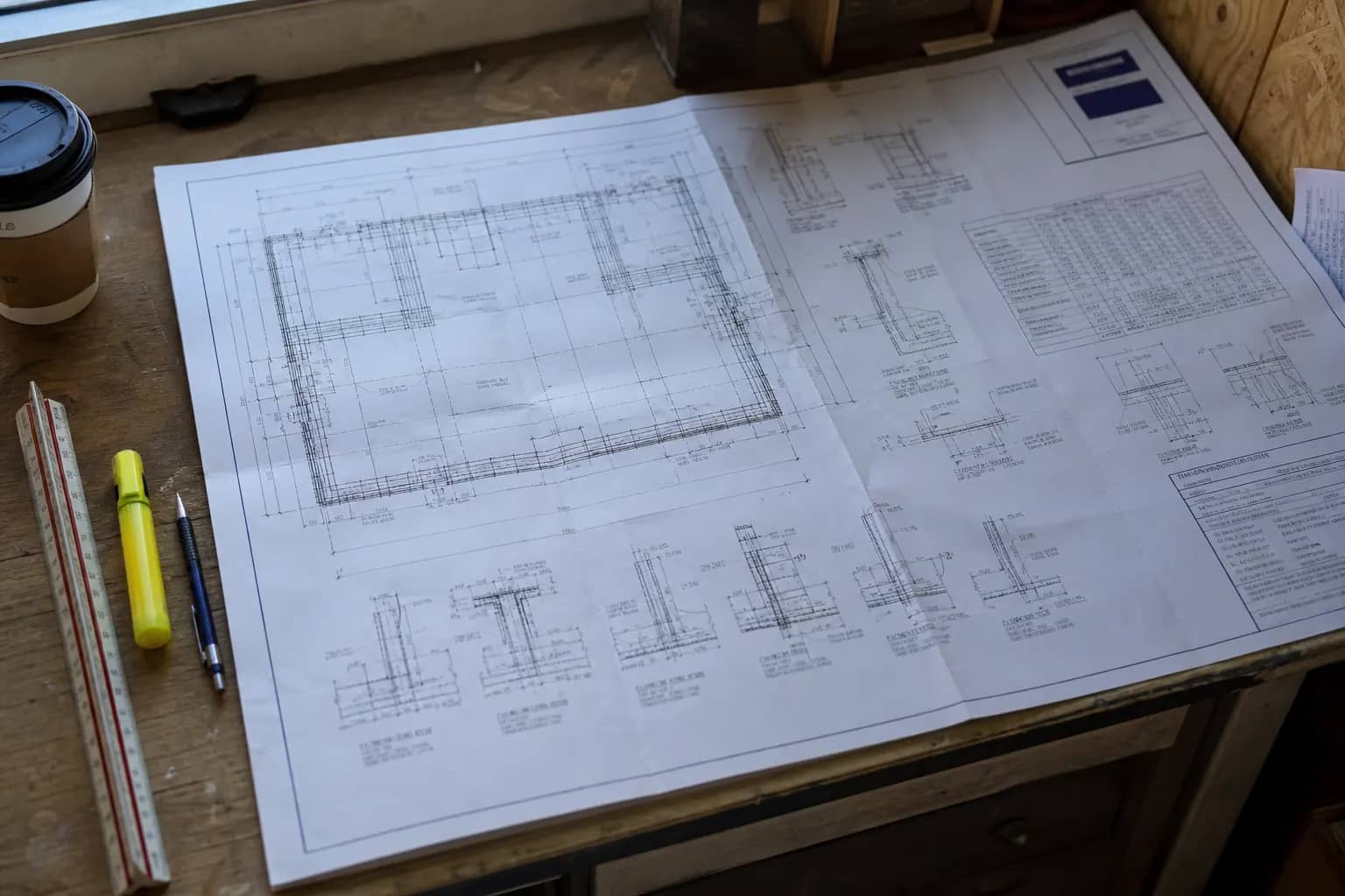 Printed rebar placing drawing with foundation plan, section details and a bar bending schedule on a drafting table